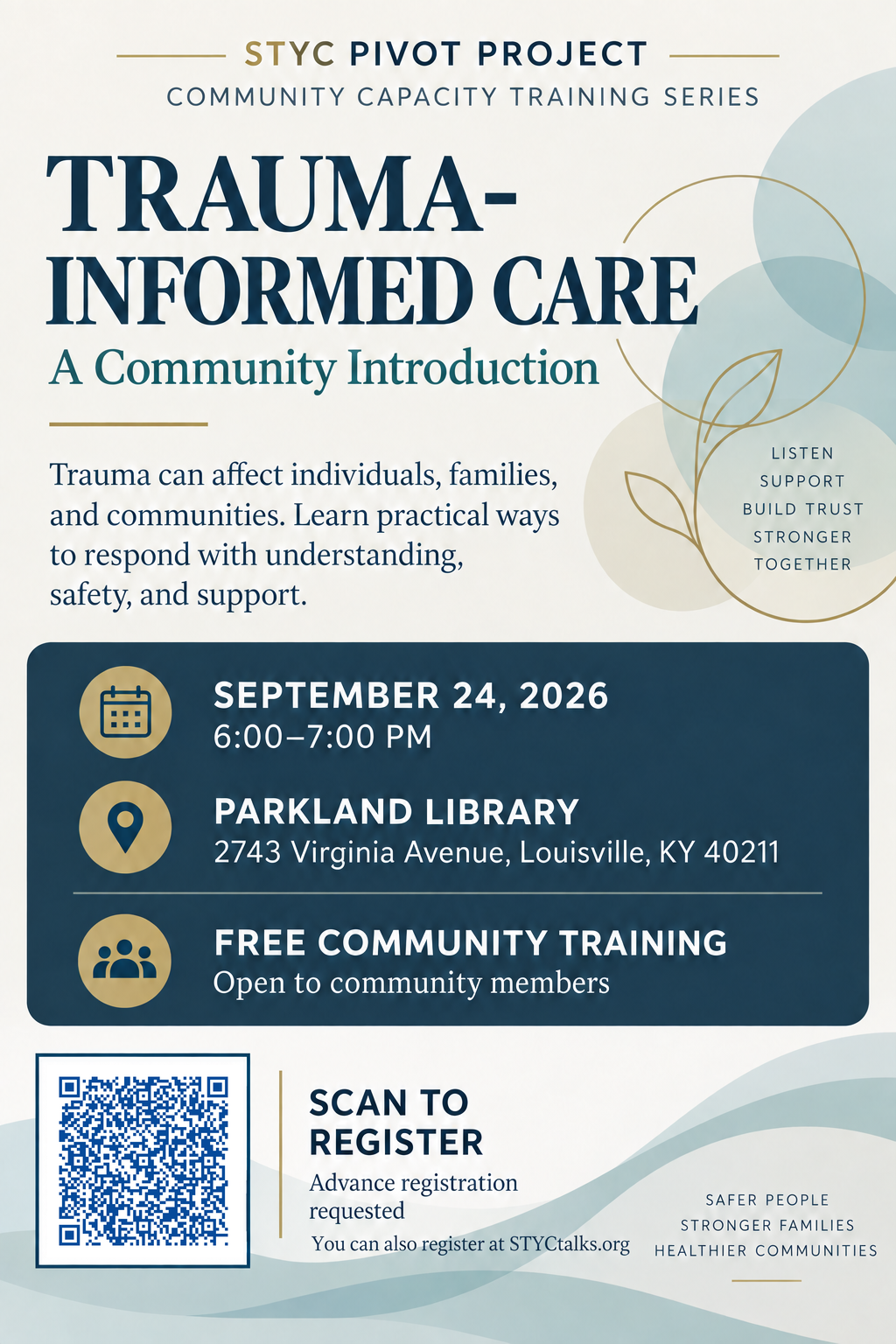 Trauma-Informed Care community training flyer for September 24, 2026 at Parkland Library